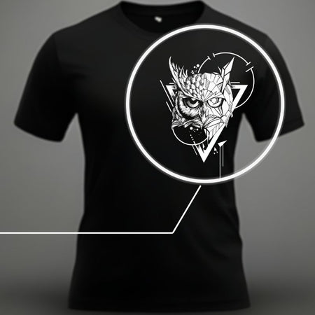 Zoom sur le design du T-shirt Hibou Barbu, détails artistiques pour style réfléchi