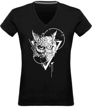 T-shirt hibou design tatouage femme noir Col en V 100% coton Graham Hold